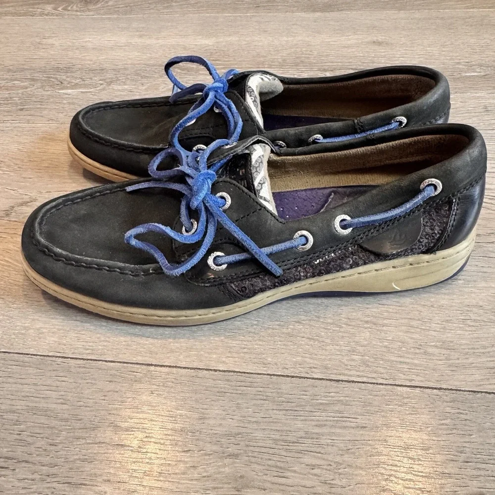 Sperry Topsider Boat Shoes Womens‎ 7.5 Black Leather Bluefish Zebra Print Casual